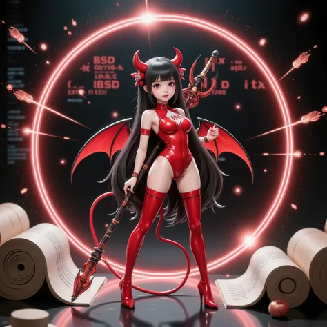 A KAWAII girl version of a "BSD daemon", a girl with a devilish smile, a red bodysuit, a pose with a distinctive trident, small devil wings, cute horn decorations, a black terminal screen background symbolizing a UNIX environment, floating strings of code,...