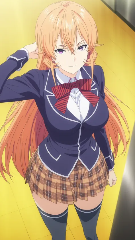  anime coloring, source_anime, hires image, masterpiece, best quality,   newest, masterpiece, best quality, 4k, 1girl, long hair, orange hair, purple eyes, hair between eyes, skirt, thighhighs, bow, school uniform, jacket, pleated skirt, shoes, black thigh...