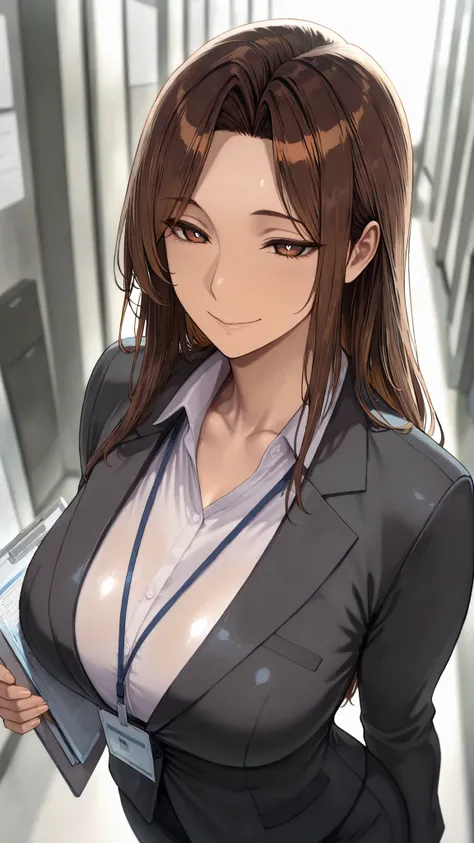 1Human Woman, , long hair, side parted bangs, brown hair, brown eyes, Smile Yang, office lady(black suit), walk, An office district you can go to, solo, masterpiece, depth of field, very beautiful depiction, Super Detailed, high quality, high resolution, a...
