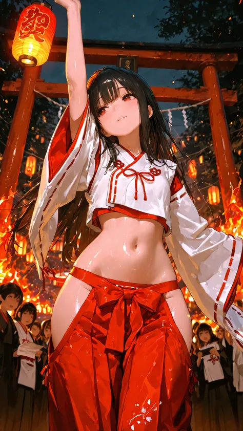 top quality, Picture, in fine detail, young shrine maiden, Authentic shrine maiden costume, long black hair, traditional white and red costume, reach forward to the camera, Direct line of sight, Night Fire Festival, dancing flames illuminate her face from ...