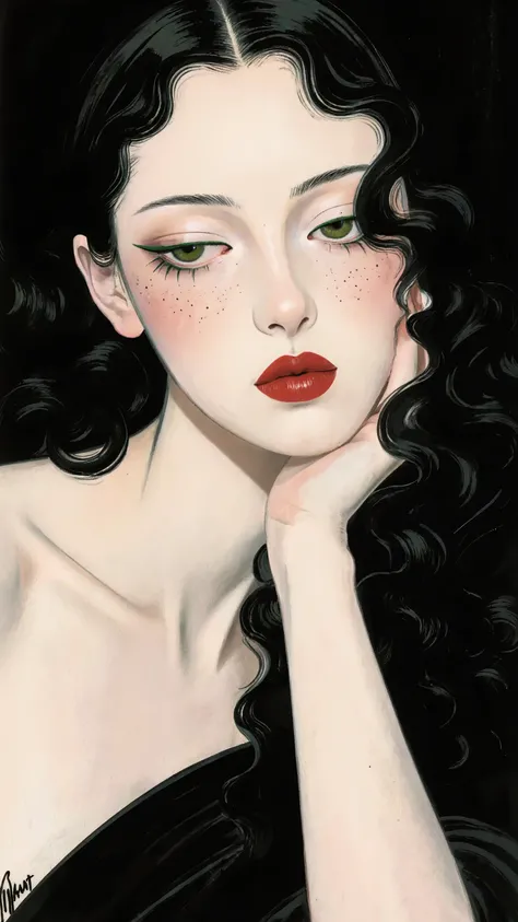 A delicate portrait depicts a young woman with a fair complexion, her head resting on her hand. She appears to be in her late teens or early twenties. Long, voluminous black curly hair frames her face, partially obscuring her features and creating a soft c...