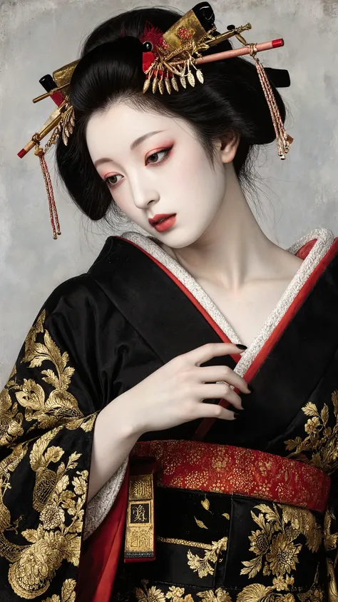 renaissance style painting.nihonga-style beauty paintings,portrait.oiran.a
sensual girl.wearing black and red ,gold kimono.pale skin.skinny.looking away.Sexy and seductive.old japanese style studio,goth,punxgsv2