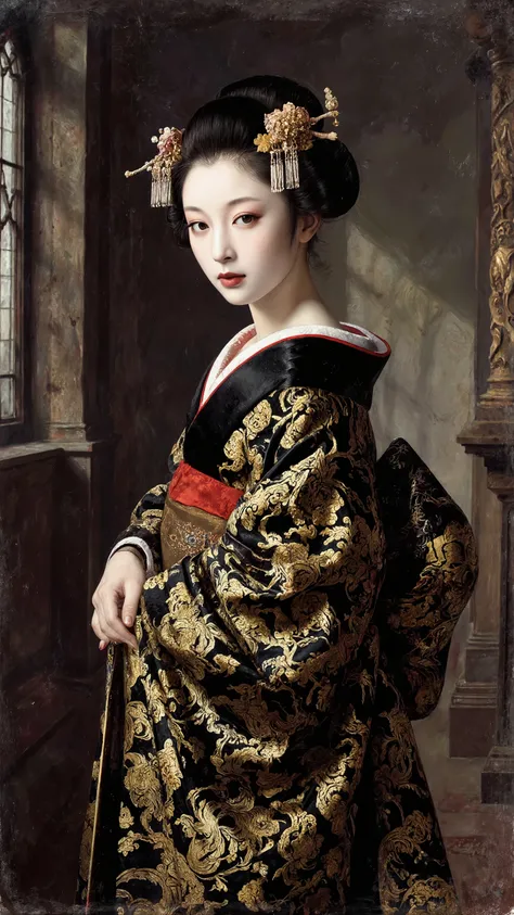 renaissance style painting.nihonga-style beauty paintings,portrait.oiran.a
sensual woma.wearing black and red ,gold kimono.pale skin.skinny.looking away.Sexy and seductive.indoor,goth,punxgsv2