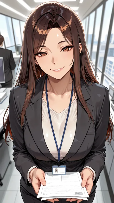 1Human Woman, , long hair, side parted bangs, brown hair, brown eyes, Smile Yang, office lady(black suit), walk, An office district you can go to, solo, masterpiece, depth of field, very beautiful depiction, Super Detailed, high quality, high resolution, a...
