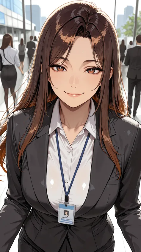 1Human Woman, , long hair, side parted bangs, brown hair, brown eyes, Smile Yang, office lady(black suit), walk, An office district you can go to, solo, masterpiece, depth of field, very beautiful depiction, Super Detailed, high quality, high resolution, a...