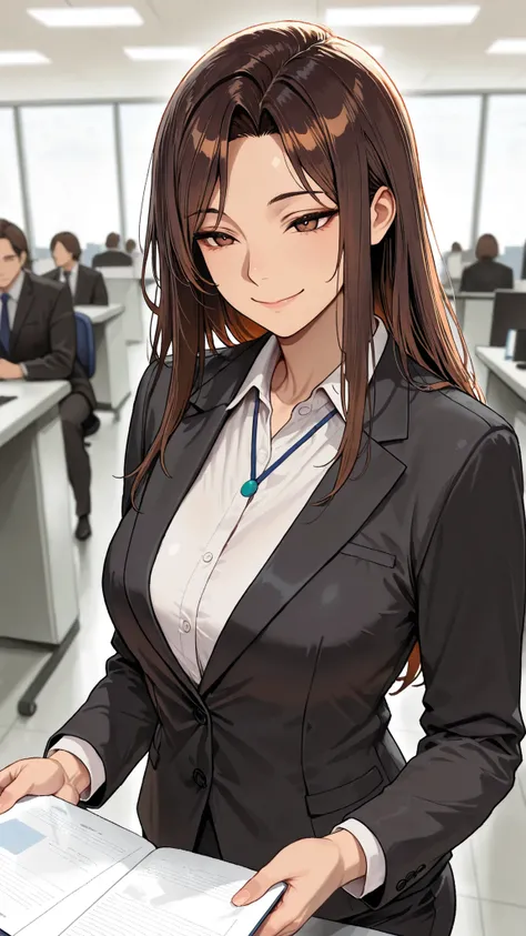 1Human Woman, , long hair, side parted bangs, brown hair, brown eyes, Smile Yang, office lady(black suit), walk, An office district you can go to, solo, masterpiece, depth of field, very beautiful depiction, Super Detailed, high quality, high resolution, a...