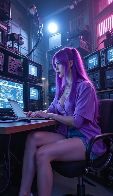 masterpiece, Highest Quality, Ultra Hi-Vision, 16k, complicated details, Obscene, beautiful, and sexy、Japanese Beauties、Beautiful Woman with Long Purple Hair、wearing a purple-based v-neck shirt and purple shorts、Beautiful hacker, Inside a pretty dark room、...