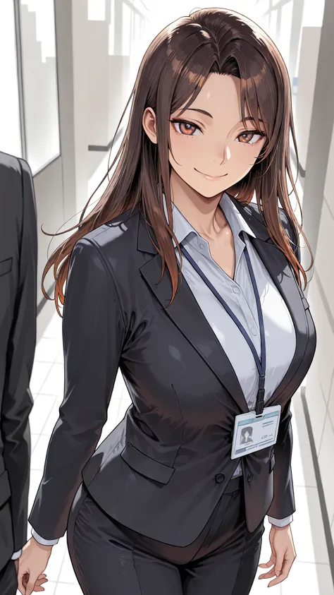 1Human Woman, , long hair, side parted bangs, brown hair, brown eyes, Smile Yang, office lady(black suit), walk, An office district you can go to, solo, masterpiece, depth of field, very beautiful depiction, Super Detailed, high quality, high resolution, a...