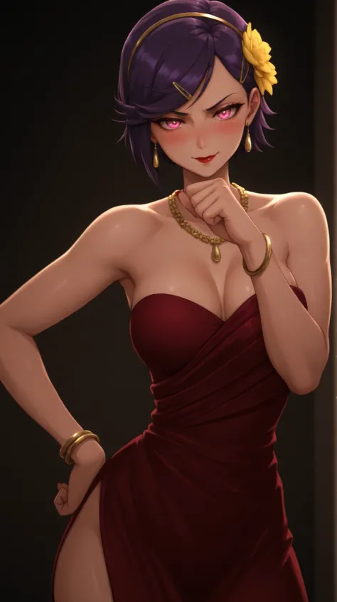 masterpiece, best quality, amazing quality,, shizuka mikazuki, short hair, purple hair, hair ornament, hairclip, pink eyes, swept bangs, mature female, medium breasts, anime screencap, yorsredgown, hair ornament, dress, jewelry, bare shoulders, flower, e...