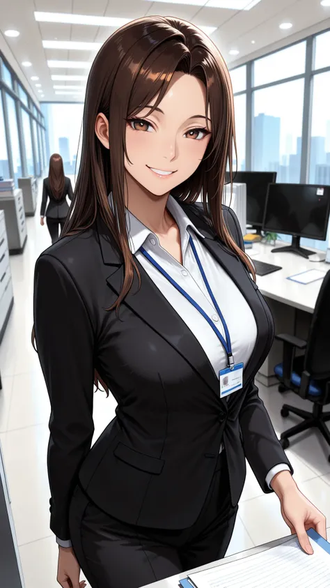 1Human Woman, , long hair, side parted bangs, brown hair, brown eyes, Smile Yang, office lady(black suit), walk, An office district you can go to, solo, masterpiece, depth of field, very beautiful depiction, Super Detailed, high quality, high resolution, a...