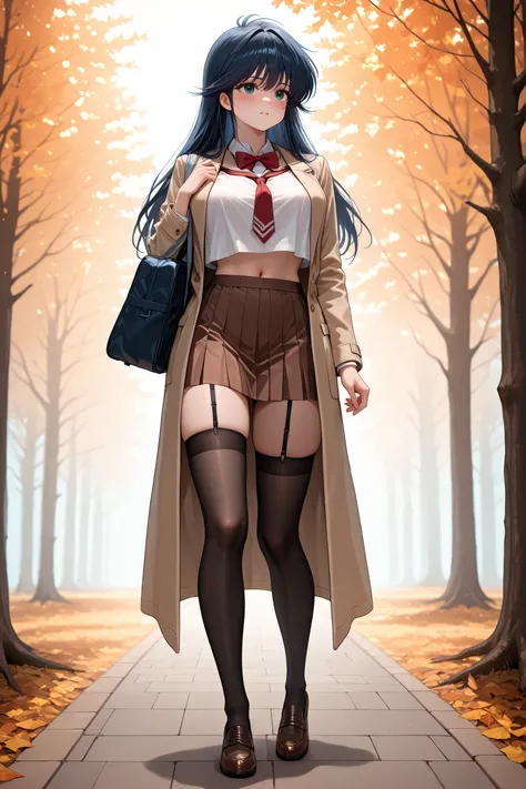 ruanyi0722,autumn leaves, tree, nature, outdoors,(ayukawa madoka),dark blue hair,big breasts,(1girl),,crop top overhang,micro mini skirt,belly-baring,{{masterpiece}}, {{{Highest Quality}}}, {{Super Detailed}}, {{illustration}}, beautiful details after the ...