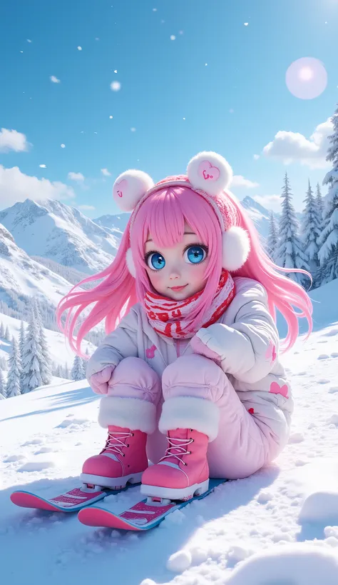 Ultra-detailed kawaii anime girl sitting on skis in a snowy mountain scene, pink hair flowing, blue sparkling eyes, fluffy white earmuffs, red and white striped scarf, cute winter gloves with heart symbols, white padded jacket with heart patches, pink ski ...