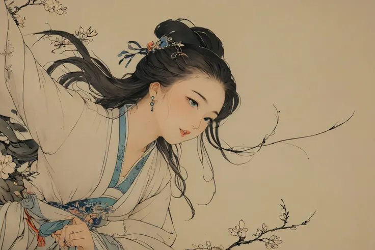 (((stylized traditional chinese painting, manga))), flowers, in traditional close hanfu, windy aerial hair, soft diffused lighting, angle from below, loose wavy hair, 
