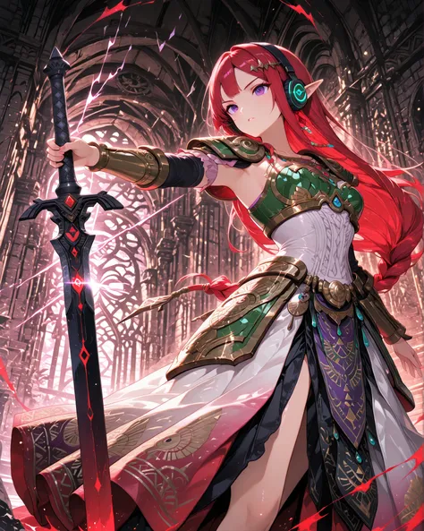 Frontal angle, (masterpiece, 4K, ultra-detailed, vivid and vibrant colors), {Jessy}: (a beautiful and attractive woman with long red hair and purple eyes, wearing headphones, wearing Zelda-inspired armor, standing, raising a sword towards the sky, dynamic ...