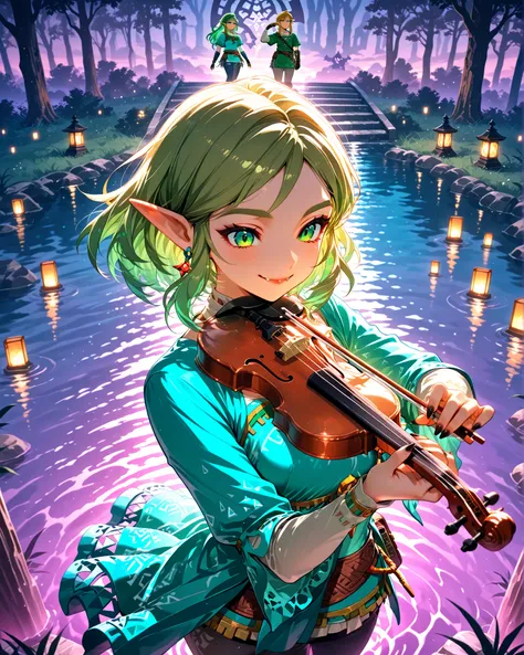 link,High angle, (masterpiece, 4K, ultra-detailed, vivid and vibrant colors), {lephanie}: (a beautiful and attractive woman with short green hair, green eyes, wearing a blue outfit inspired by The Legend of Zelda, playing the violin while standing with a s...