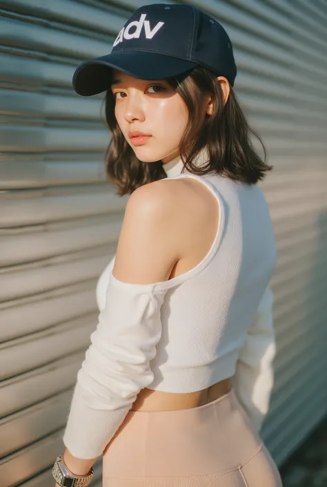 (medium shot:1.2), (three quarter rear view:1.4), (looking back over shoulder at camera:1.5), young Japanese woman with natural black-brown hair, soft straight texture, wearing a navy blue baseball cap with white serif text "ADV", white sleeveless mock-nec...
