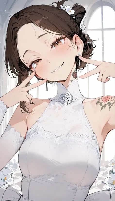 Masterpiece, top quality, very detailed , Animation Style, Japanese illustration style, slim, handsome lady, (black short Updo, no bangs, fine hair styling hair), detailed brown eyes, medium breasts, alone, look at viewer. sharp gaze, blush, (Neck rose ta...