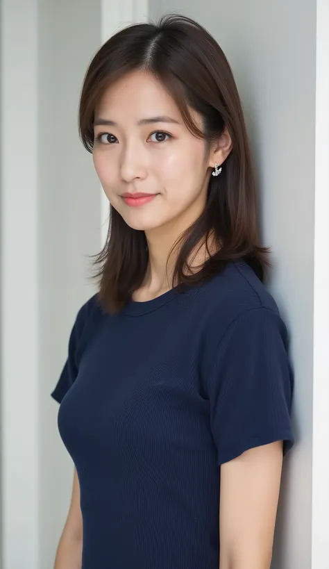 A 35-year-old Japanese woman.
A beautiful and elegant housewife.
Cute, well-proportioned features and large eyes.
Mature makeup, dark brown medium-length hair tied back.
Tall, slim silhouette, and a beautiful bust line.
A tight, slim-fitting navy blue knit...