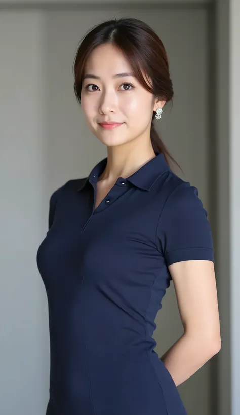 A 35-year-old Japanese woman.
A beautiful and elegant housewife.
Cute, well-proportioned features and large eyes.
Mature makeup, dark brown medium-length hair tied back.
Tall, slim silhouette, and a beautiful bust line.
A tight, slim-fitting navy blue polo...
