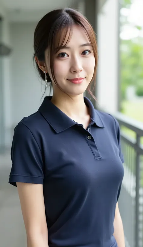 A 35-year-old Japanese woman.
A beautiful and elegant housewife.
Cute, well-proportioned features and large eyes.
Mature makeup, dark brown medium-length hair tied back.
Tall, slim silhouette, and a beautiful bust line.
A tight, slim-fitting navy blue polo...