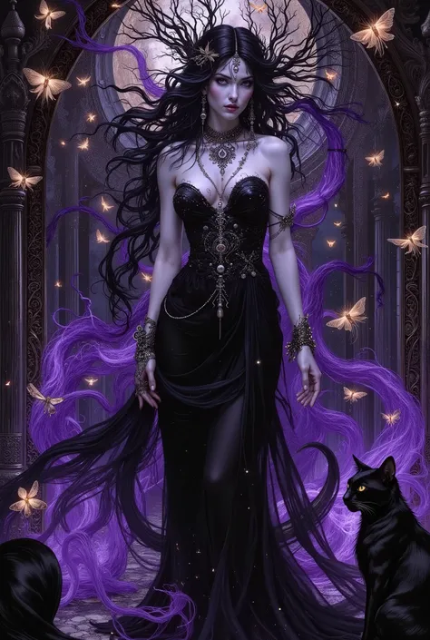 Masterpiece, photorealistic surreal shot of a stunning goddess of darkness and shadow, statuesque and sensationally beautiful as only living gods can be, erotic sexiness cut from living night, a face of loveliness and terror, large amazing breasts, and a b...