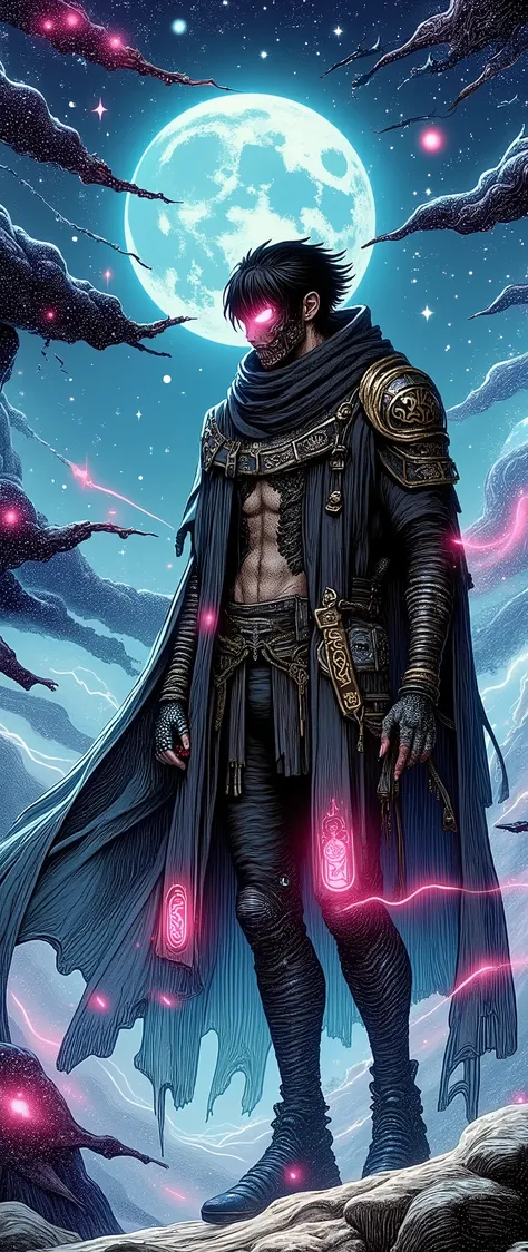 realista, brilliant, reflective, Bioluminescent, galactic cybernetic mask, Meca, (murderer: 1.2), ((scarf,  long cape ))), sh4g0d, Runes Illuminated _red, full body, sideways, Cinnamon, dark background, starry sky, big moon, illuminate from the background,...