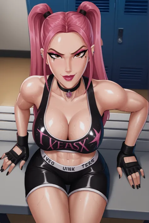 BREAK, score_6_up, score_7_up, score_8_up, score_9, 1girl, solo, kpdh_m1ra, long hair, dark pink hair, brown eyes, twintails, black choker, lipstick, makeup, official KPop Demon Hunters aesthetic, large breasts, busty, cleavage, curvy, athletic, looking at...