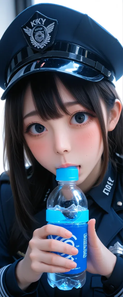 A girl in a black police outfit is holding a black water bottle. She's nervous and shy, show off vacuum fellatio bottle,
KY_0002, glowing, solo, black eyes, warm cheeks,