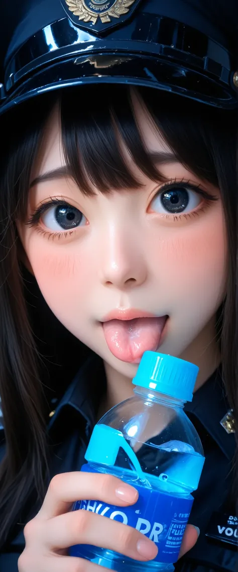 A girl in a black police outfit is holding a black water bottle. She's nervous and shy, show off ((vacuum fellatio for bottle)),
KY_0002, glowing, solo, black eyes, warm cheeks,