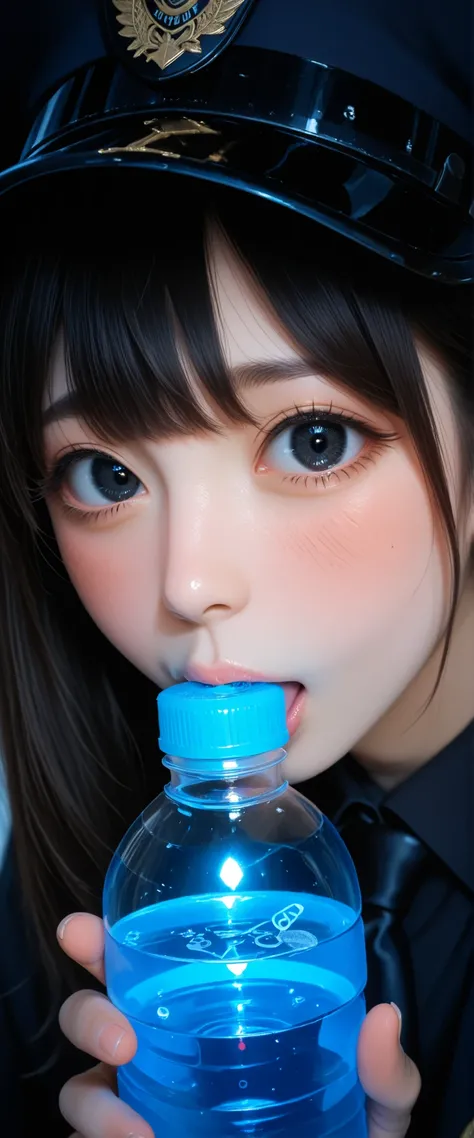 A girl in a black police outfit is holding a black water bottle. She's nervous and shy, show off ((vacuum fellatio for bottle)), capless bottle, into bottle,
KY_0002, glowing, solo, black eyes, warm cheeks,