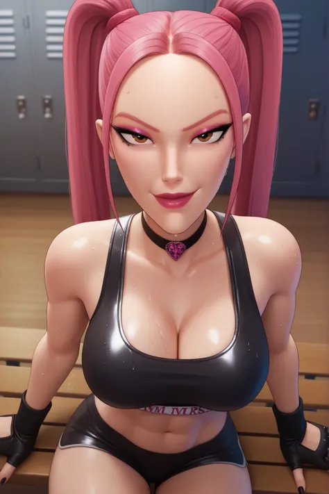 BREAK, score_6_up, score_7_up, score_8_up, score_9, 1girl, solo, kpdh_m1ra, long hair, dark pink hair, brown eyes, twintails, black choker, lipstick, makeup, official KPop Demon Hunters aesthetic, large breasts, busty, cleavage, curvy, athletic, looking at...
