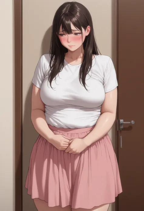 (masterpiece, best quality:1.2), 1 girl, Solitary,Standing_, adult,
, Long hair, black hai,white shirt, Pink skirt, realistic body, slightly plump body, blushing, insecure, self conscious, shy, slightly overweight, slender build,