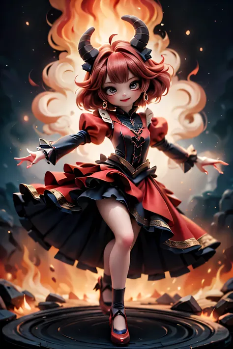  a flame horned demon girl smilingCreate a vibrant and enchanting scene for a fantasy artwork. Depict a cute, kawaii-style horned fire demon girl smiling, her hair resembling flickering flames. Her intense red smokey eyes are adorned with dramatic makeup, ...