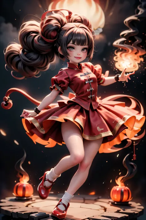 Create a captivating image of a cute kawaii-style horned fire demon girl smiling, her hair like flames, with intense red smokey eyes makeup, intense blush, red glossy lips, and a red choke. She wears a red skirt, a red shirt with short puffy sleeves, white...