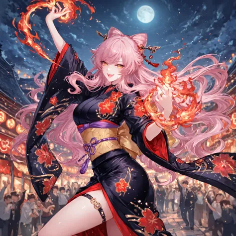 (( perfect hands with five fingers for hand )), festival of fire,perfect anatomy, masterpiece,  Illustration, ultra details, fine trait, best quality, ultra detailed, 1girl (kimono neko girl), dancing with the flames oround her, , smile with fangs, claws, ...