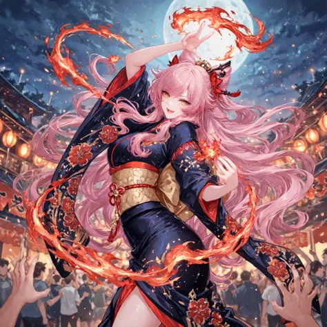 (( perfect hands with five fingers for hand )), festival of fire,perfect anatomy, masterpiece,  Illustration, ultra details, fine trait, best quality, ultra detailed, 1girl (kimono neko girl), dancing with the flames oround her, , smile with fangs, claws, ...
