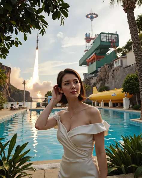 Epic photoreal live-action recreation of Tracy Island secret base during simultaneous launch of Thunderbirds 1 through 5. Thunderbird 1: vertical rocket rising from retractable swimming pool silo, silver fuselage gleaming, vapor trails and ignition flames....