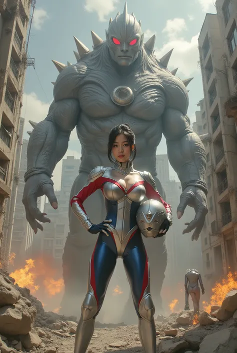 A beautiful realism asian woman wearing ultraman suit have silver , blue and red colour face to face with scared monsters like godzilla , she standing holding ultraman head helmet on her hips . Background is broken destroyed city vibes , fire everywhere f...