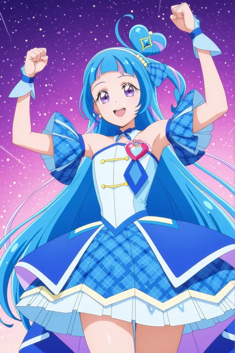 cure wink, kimi to idol precure, blue hair, magical girl, mini crown, purple eyes, blue dress, tilted headwear, very long hair, blunt bangs, bare shoulders, hairband, two-tone hair, purple hair, jewelry, idol clothes, masterpiece, best quality, anime, sour...