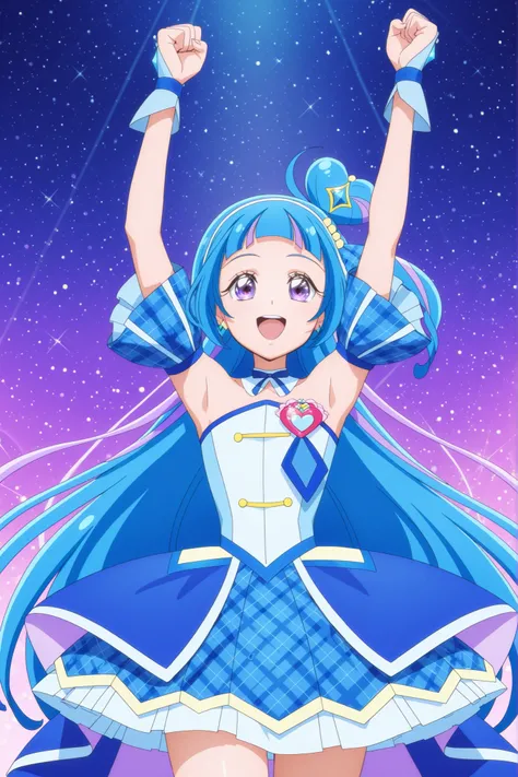cure wink, kimi to idol precure, blue hair, magical girl, mini crown, purple eyes, blue dress, tilted headwear, very long hair, blunt bangs, bare shoulders, hairband, two-tone hair, purple hair, jewelry, idol clothes, masterpiece, best quality, anime, sour...