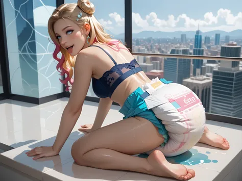 A neon-lit fire escape of a skyscraper rises above a glittering city of skyscrapers. It's a profile shot of a beautiful young woman with long blonde waves and a voluminous curly bun. Her blonde hair has subtle, shimmering highlights.
She sits with her legs...