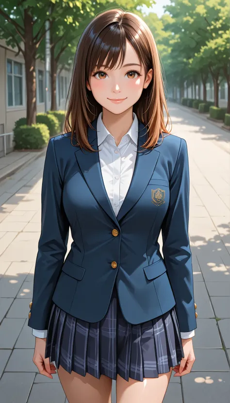 a girl ,solo,school student ,old school uniform, formal attire ,buttoned blazer, shirt ,skirt,thigh,standing ,closed mouth,glossy lips ,looking viewer,outdoor,medium breast ,smile