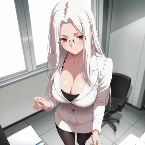 4k,masterpiece, highly detailed,solo, woman, voluptuos body, big breasts, soft smile, red eyes, tight office outfit ,cleavage ,glasses, front shot, full body, elegant office place