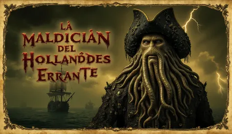 Epic cinematic YouTube thumbnail, dark sepia engraved vintage style, old parchment texture background, dramatic chiaroscuro lighting, terrifying Davy Jones with glowing eyes and tentacle beard emerging from supernatural fog, ghostly Flying Dutchman ship wi...