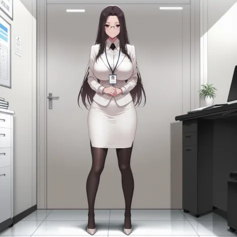 4k,masterpiece, highly detailed,solo, woman, voluptuos body, big breasts, soft smile, red eyes, tight office outfit ,glasses, front shot, full body, elegant office place
