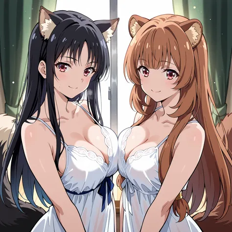 Two women pose together to a lake illuminated by the moon. Horikita Suzune (Classroom of the Elite) black hair, Red Eyes brillantes y una figura slender con pechos medianos a grandes, smiling with a safe and seductive expression. Next to her is Raphtalia (...