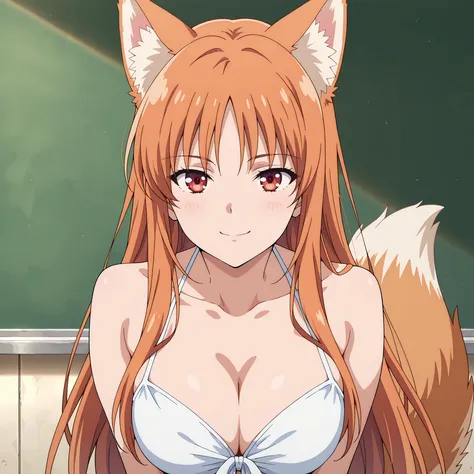  Horikita Suzune (Classroom of the Elite) with her soft orange hair, Red Eyes, fluffy ears and fluffy tail; slender, with a similar bust, showing a complicit smile. y una figura slender con pechos medianos a grandes, smiling with a safe and seductive expre...