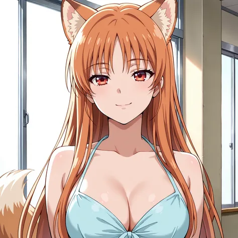 Horikita Suzune (Classroom of the Elite) with her soft orange hair, Red Eyes, racoon fluffy ears and fluffy tail; slender, with a similar bust, showing a complicit smile. y una figura slender con pechos medianos a grandes, smiling with a safe and seductiv...