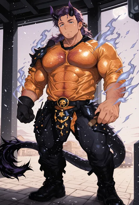 ,hmb,hairy male,leg hair,arm hair,chest hair,navel hair,hairy balls,It features impressive anime-style depictions of a male warrior with bright purple hair and horns that gradate from black to purple, girl's accurate foot pose. He wears an elaborate costum...