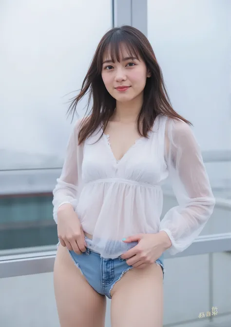 (((1girl,solo))),(very realistic picture, Hi-Res, beautiful face, Full Body,glamorous body) 、Ghost in the Shell Seems Important、Age 32、Powerful pose、gentle smile、from head to thigh on the foggy lakeside、A woman having a party on the roof of a